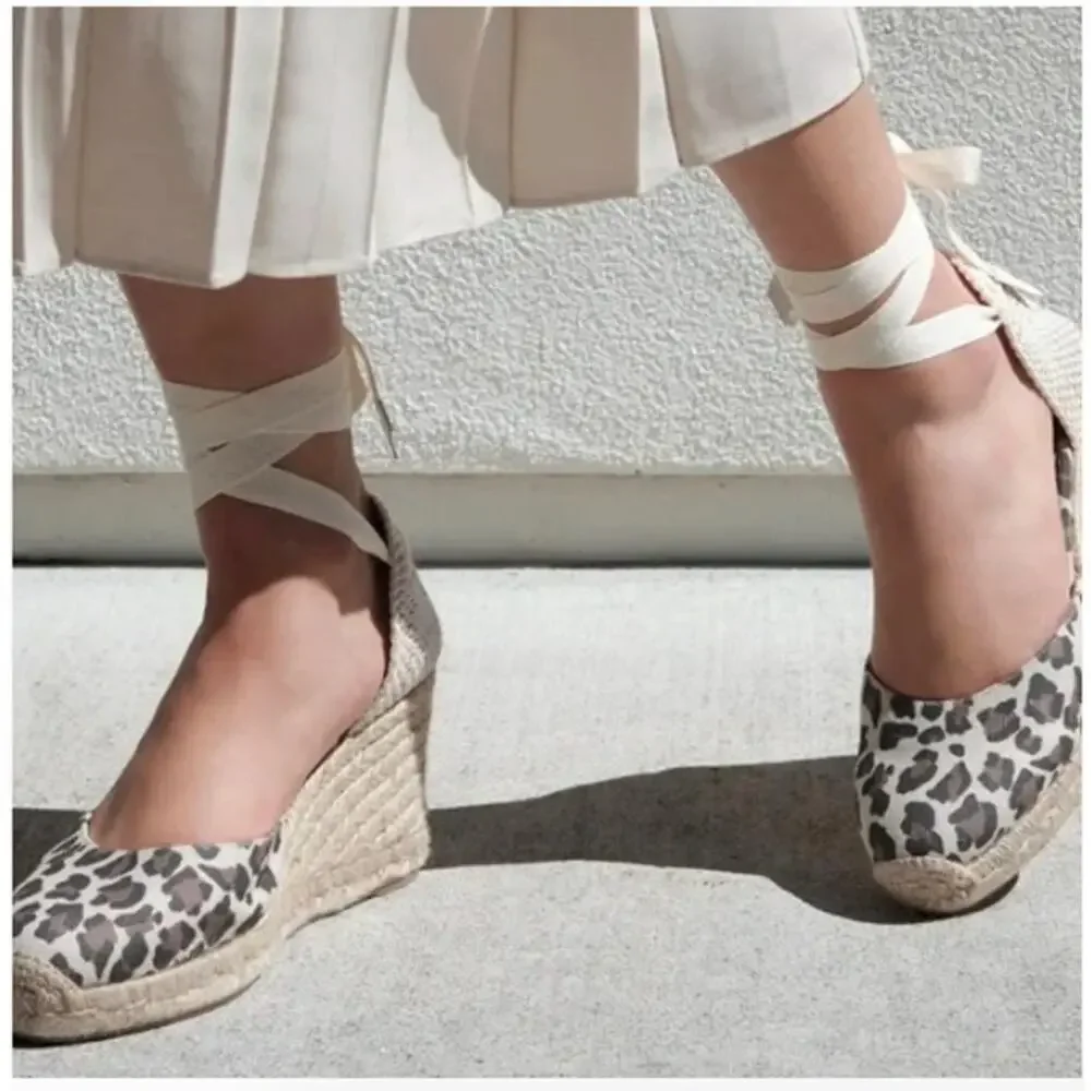 Margaux Leopard Print Lace-Up Espadrille Wedge Sandals Size 9.5